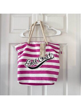 Striped Canvas Beach Tote Bag – Pink/White “Gold Coast” – Rope Handles